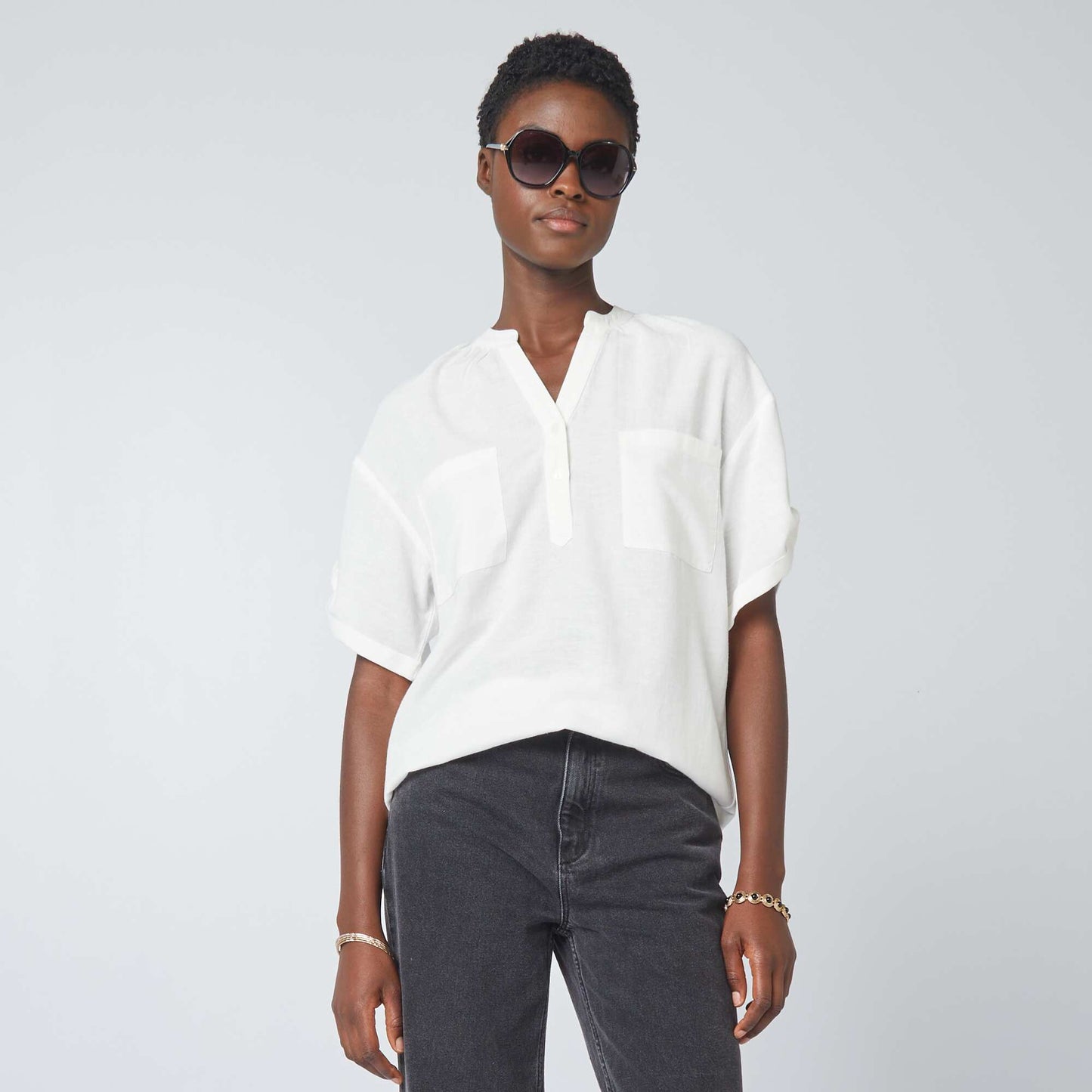 Blusa de mezcla de lino a rayas BLANCO