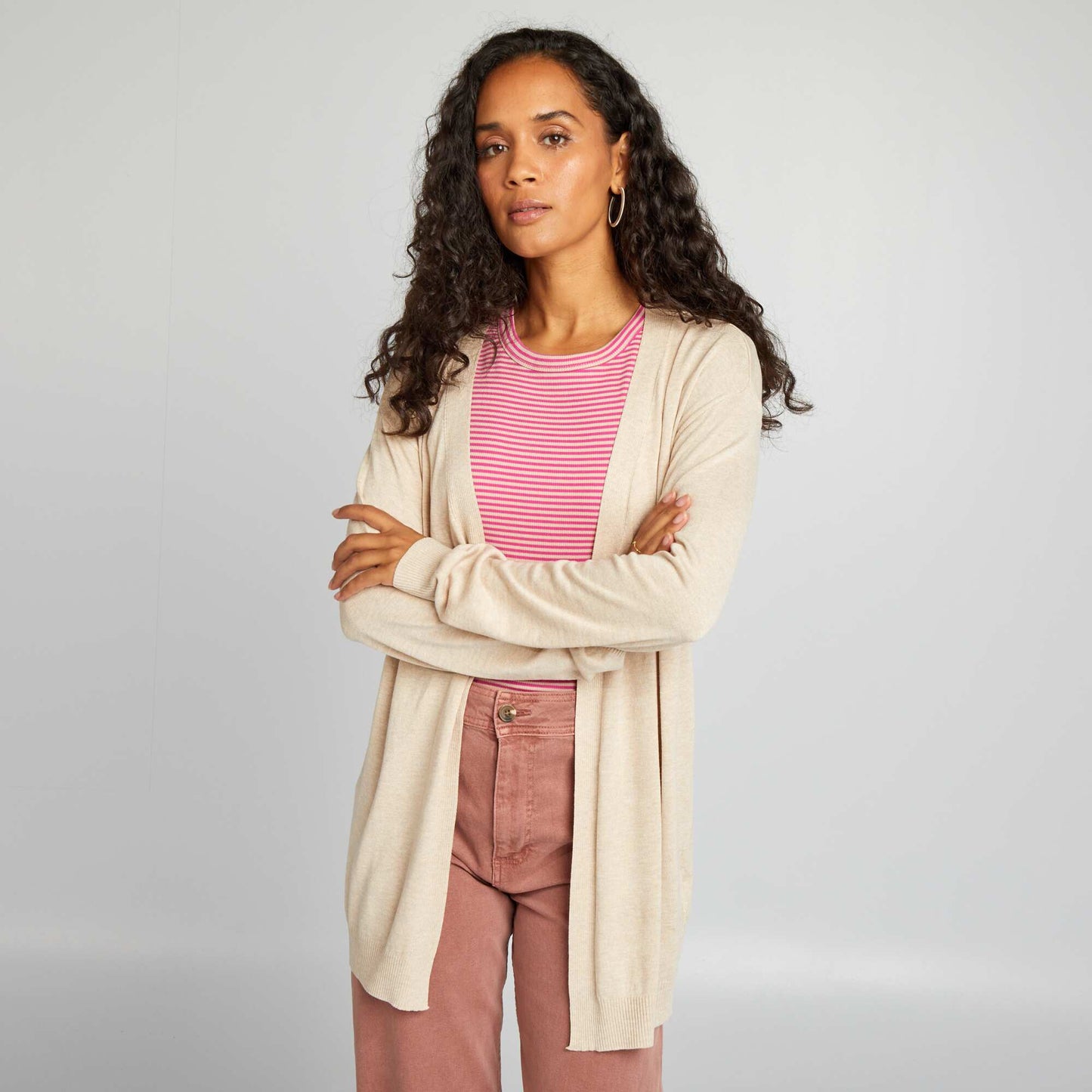 Chaqueta larga de punto fino BEIGE