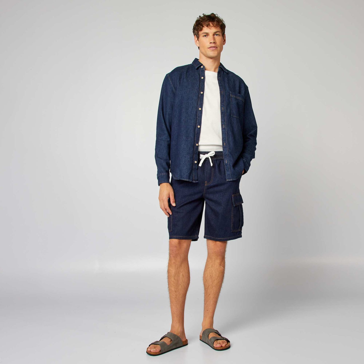 Short multibolsillos de algodón y cáñamo AZUL
