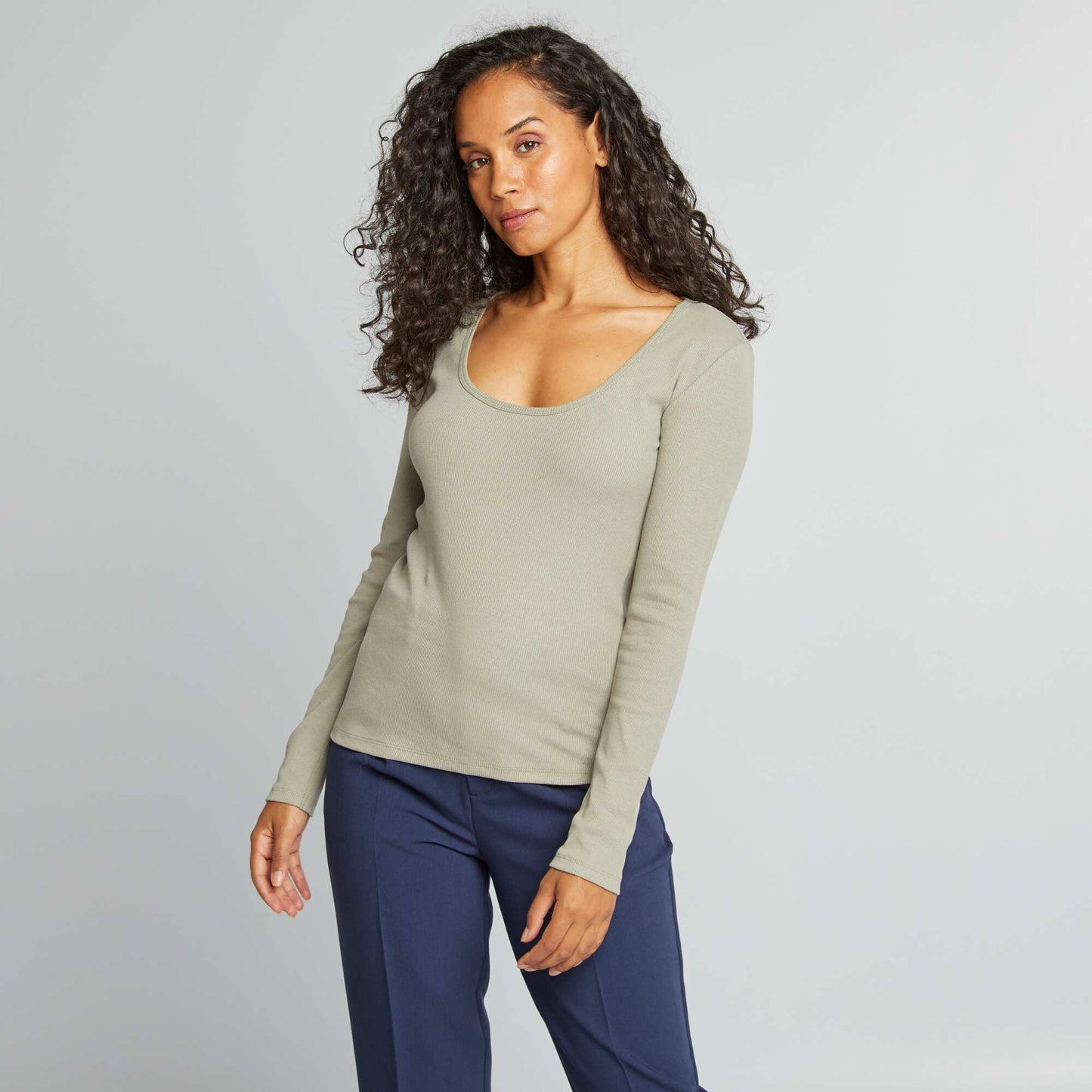 Camiseta de canalé con cuello redondo VERDE