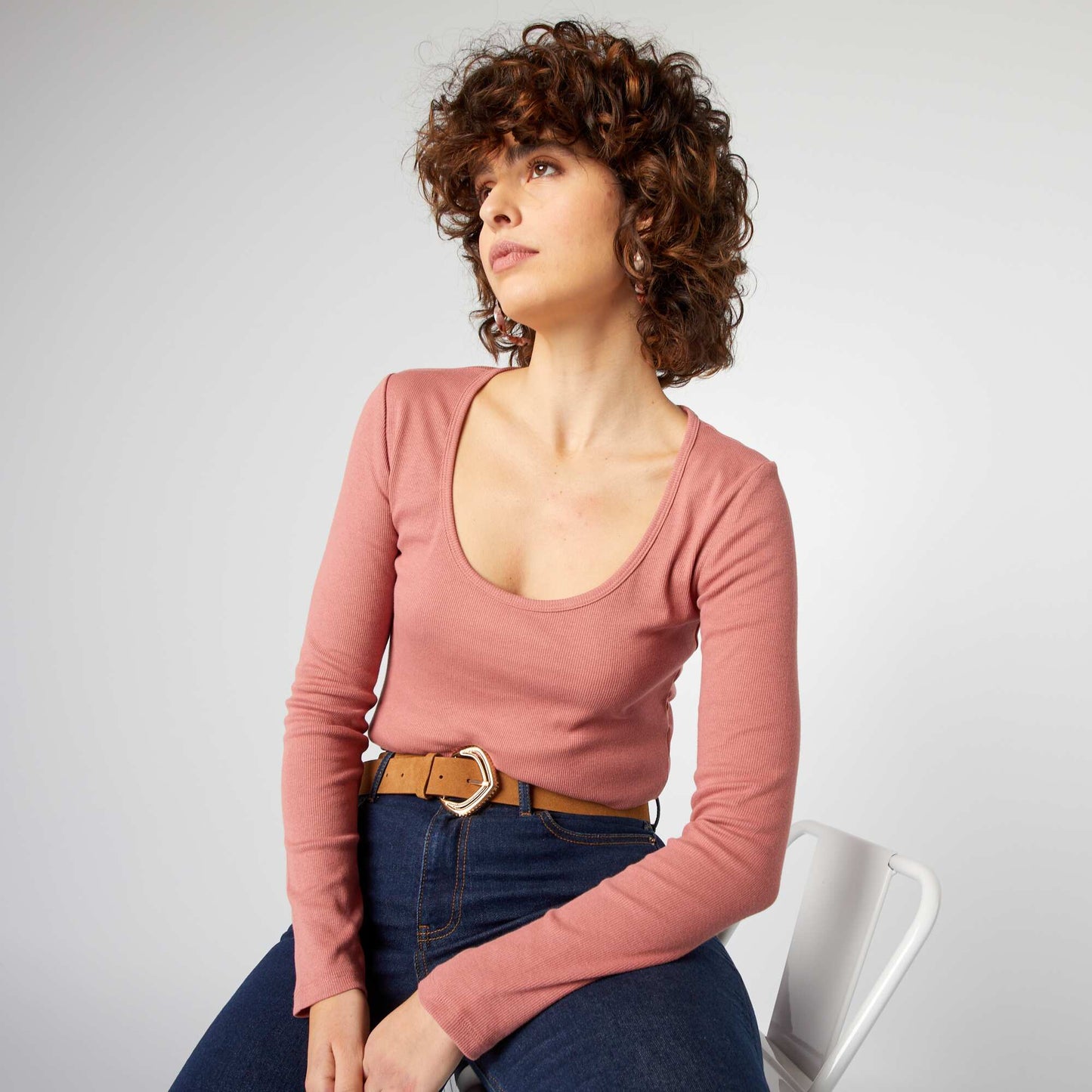 Camiseta de canalé con cuello redondo ROSA