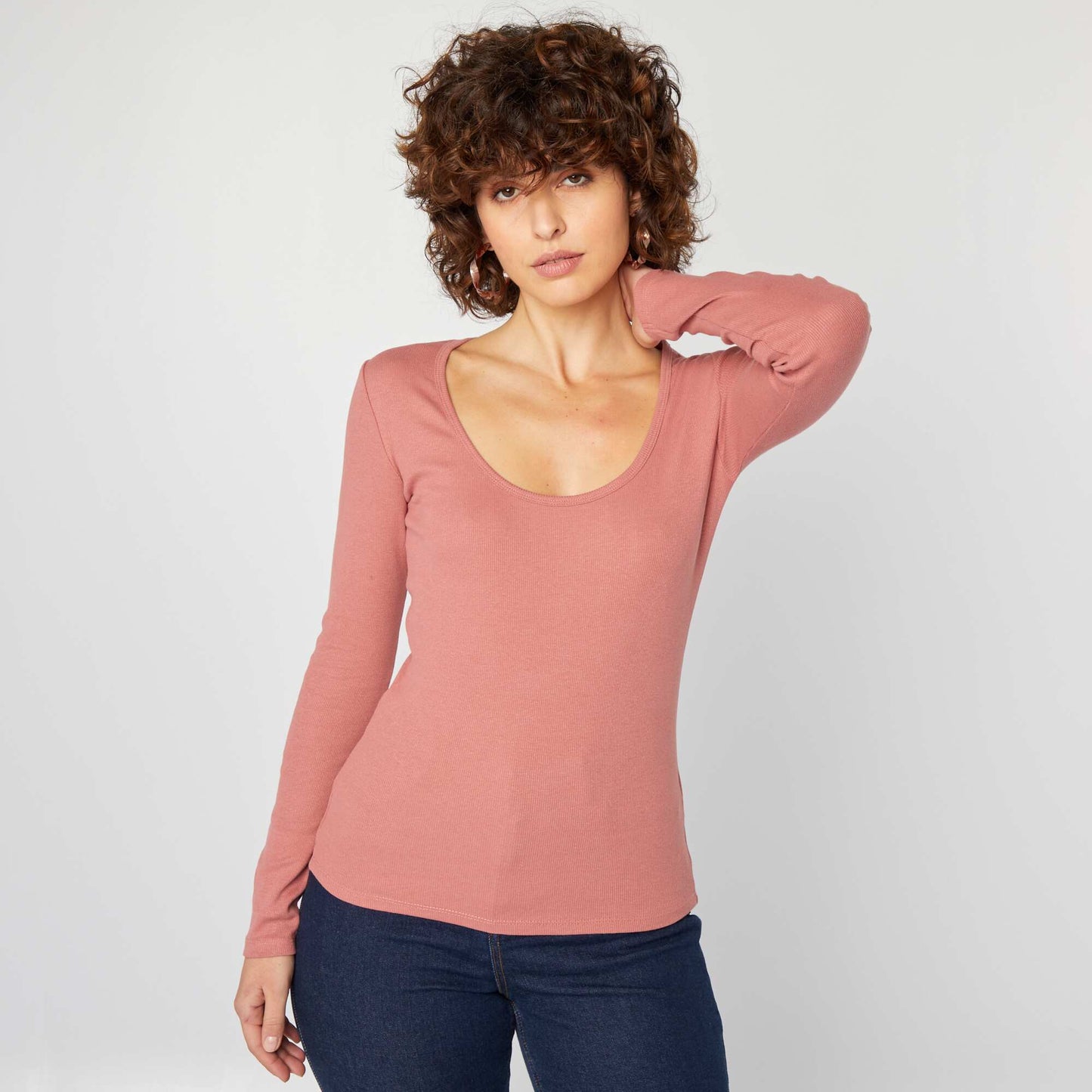 Camiseta de canalé con cuello redondo ROSA