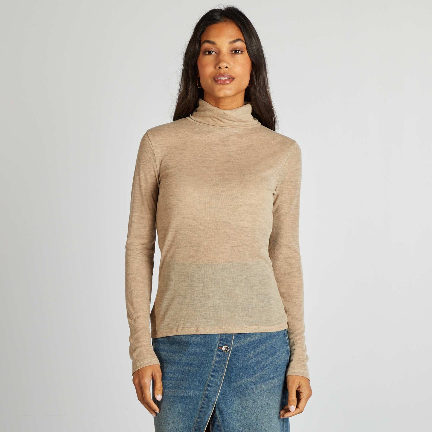 Camiseta jaspeada con cuello vuelto BEIGE