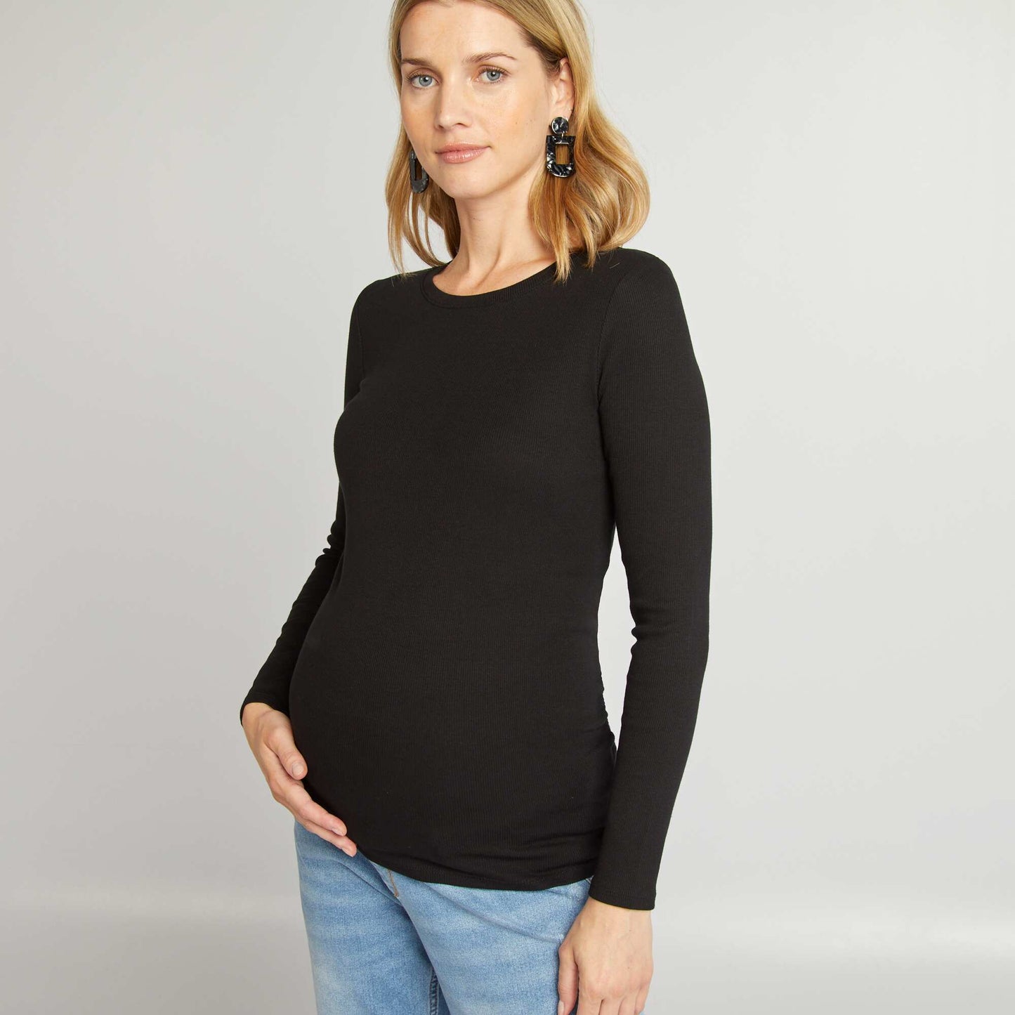 Camiseta de canalé con cuello redondo NEGRO