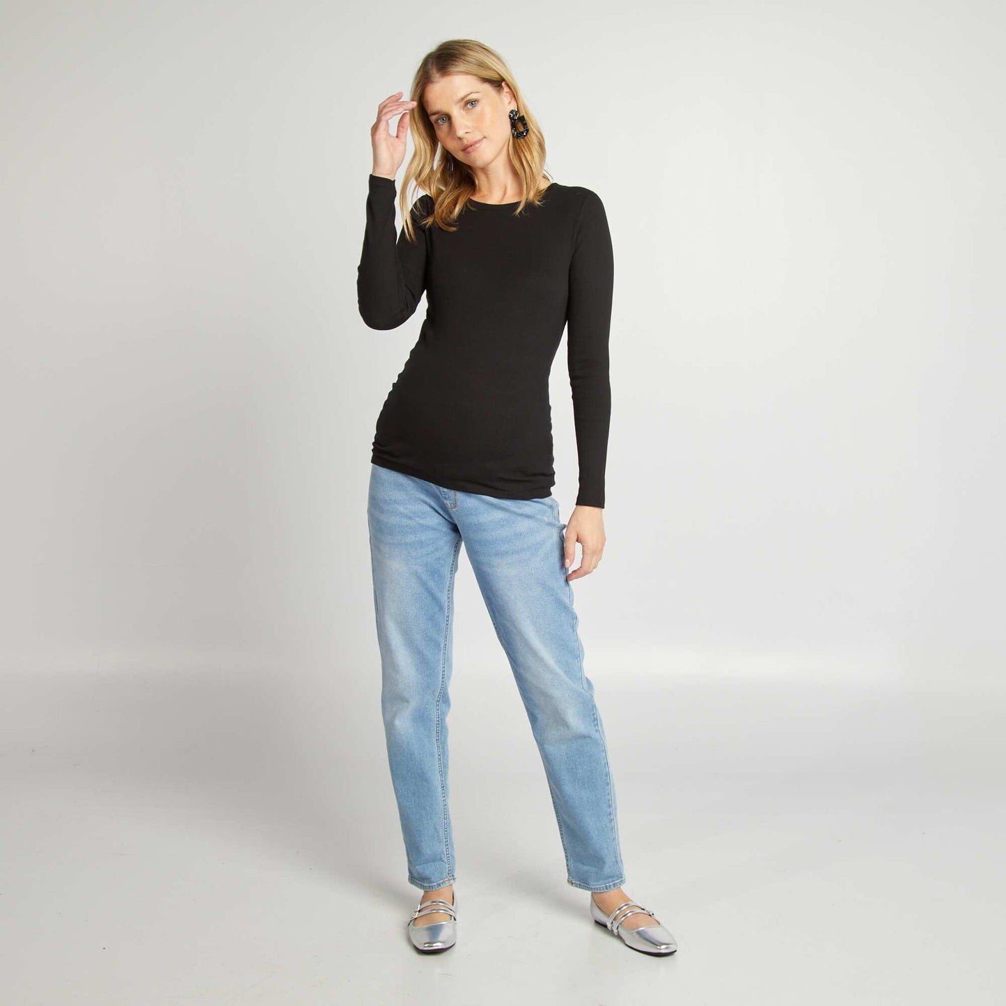 Camiseta de canalé con cuello redondo NEGRO
