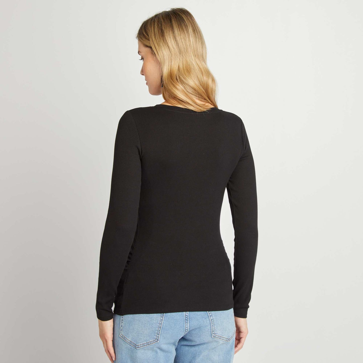Camiseta de canalé con cuello redondo NEGRO