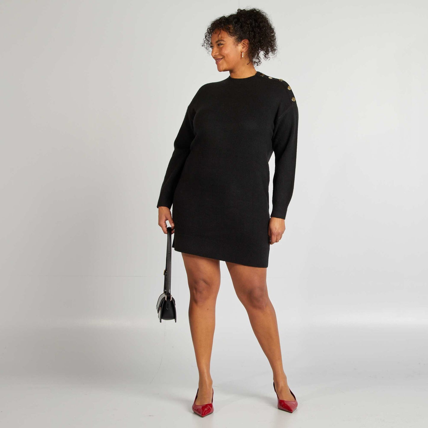 Vestido tipo sweater con botones NEGRO