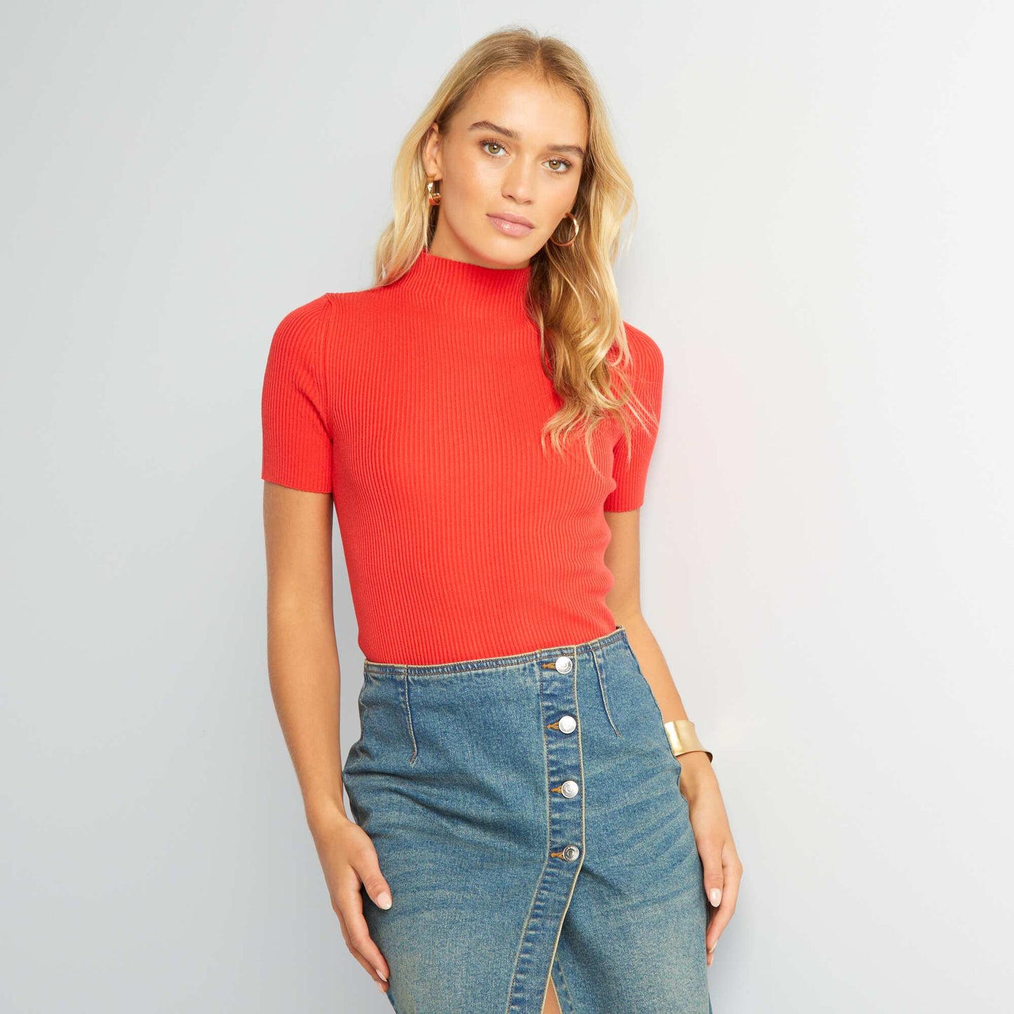 Sweater de canalé de manga corta ROJO