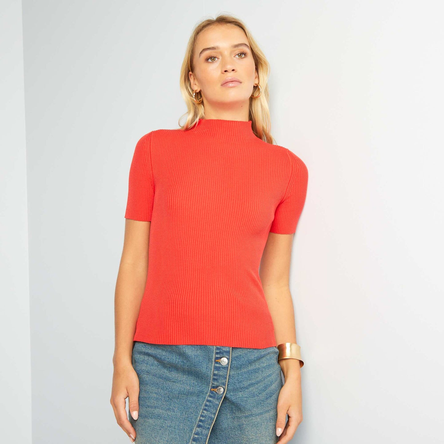 Sweater de canalé de manga corta ROJO