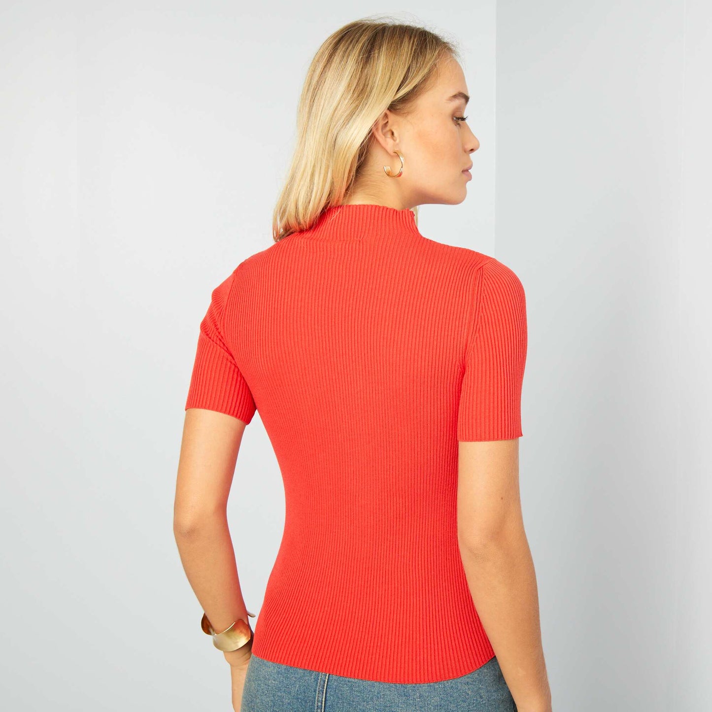 Sweater de canalé de manga corta ROJO