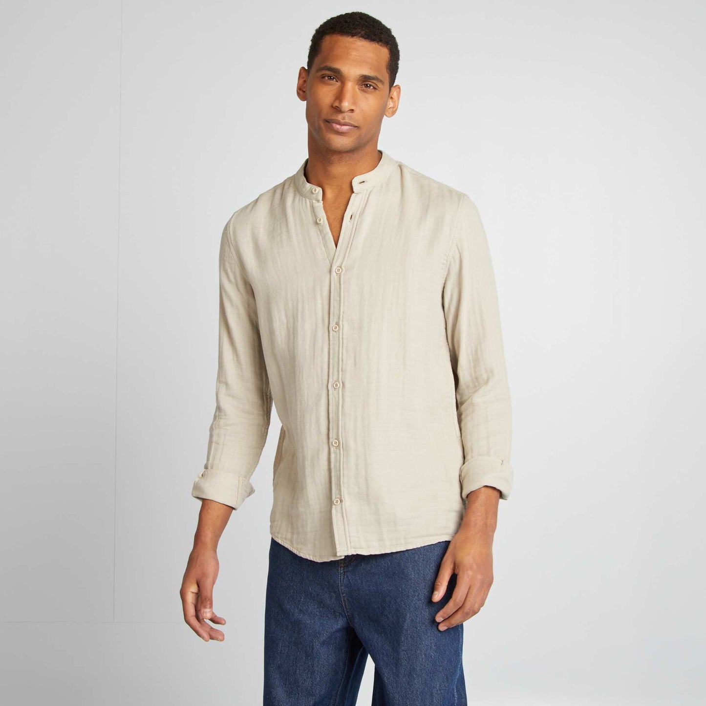 Camisa dobby corte recto con cuello redondo GRIS