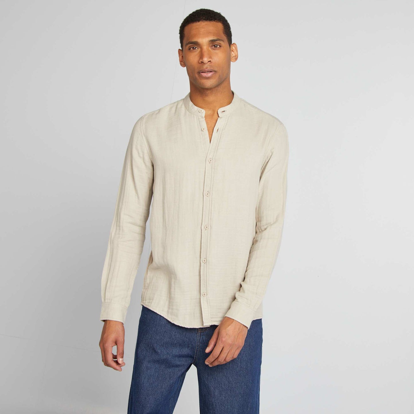 Camisa dobby corte recto con cuello redondo GRIS
