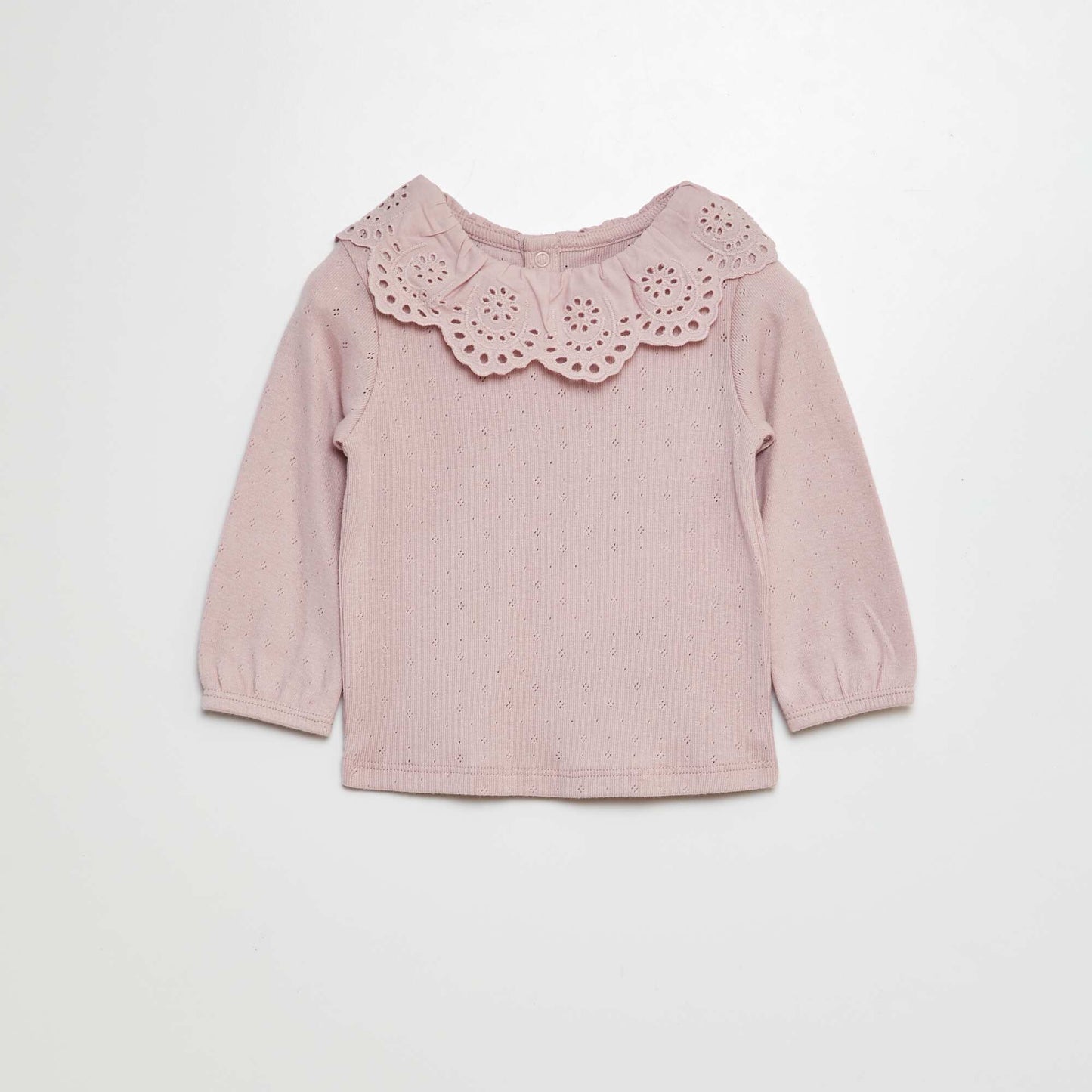 Camiseta de punto con cuello bebé de bordado inglés PURPURA