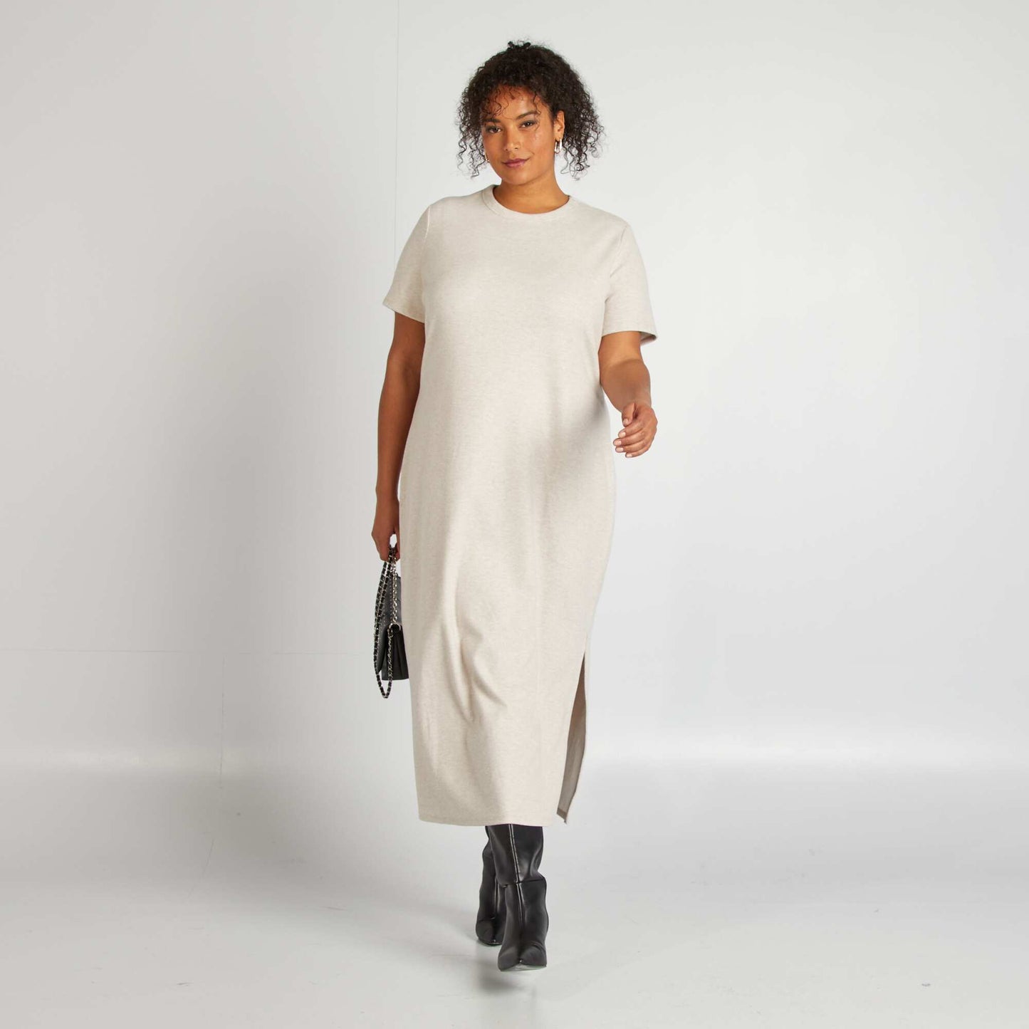 Vestido midi de punto de canalé BEIGE