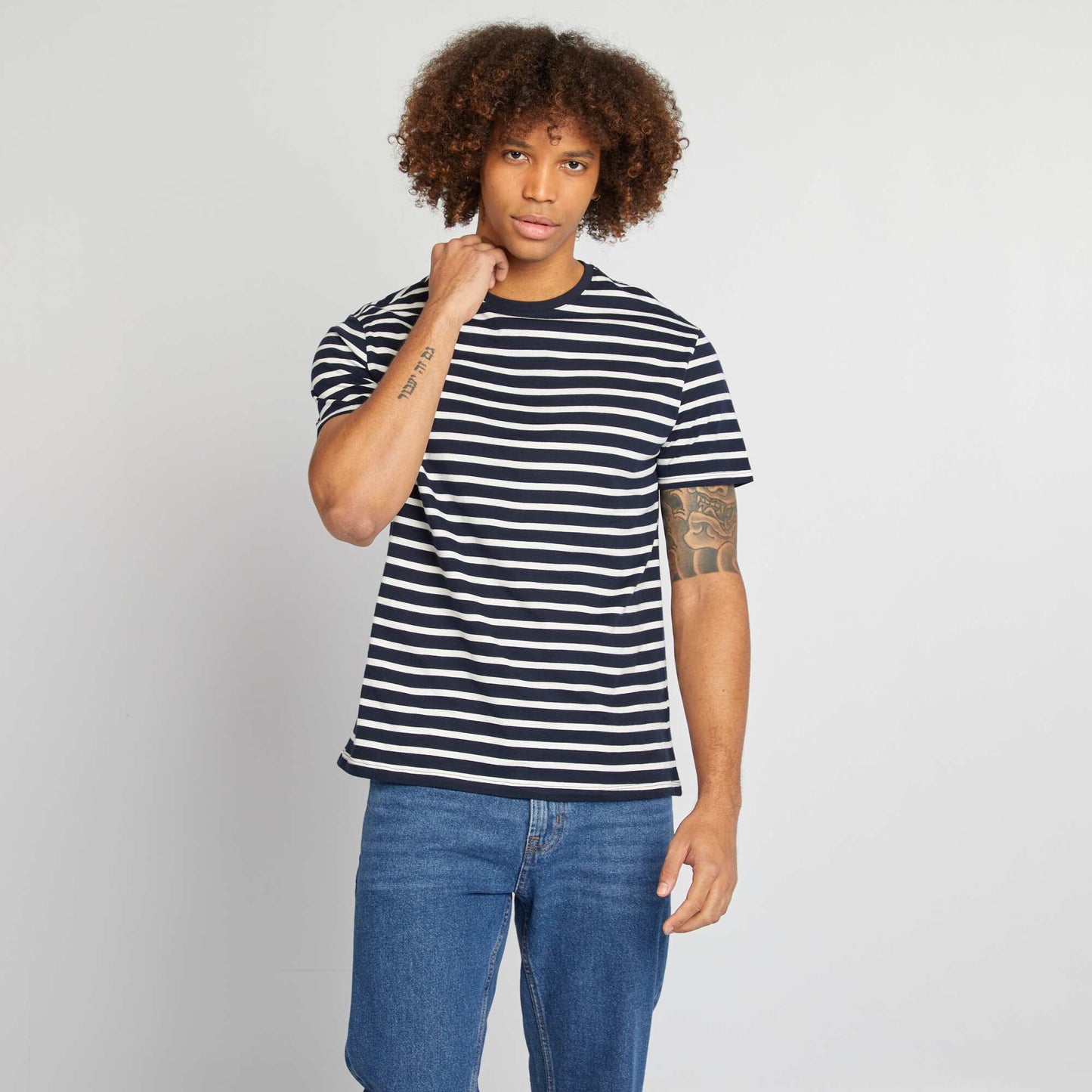Camiseta de rayas de manga corta con cuello redondo AZUL