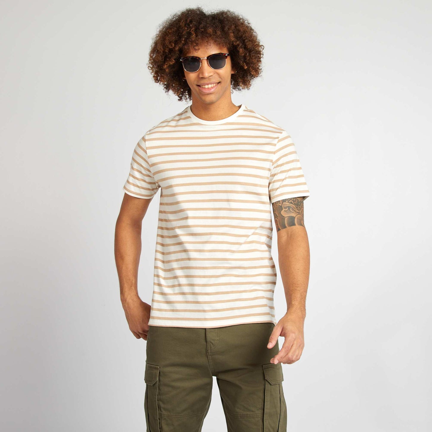Camiseta de rayas de manga corta con cuello redondo BLANCO