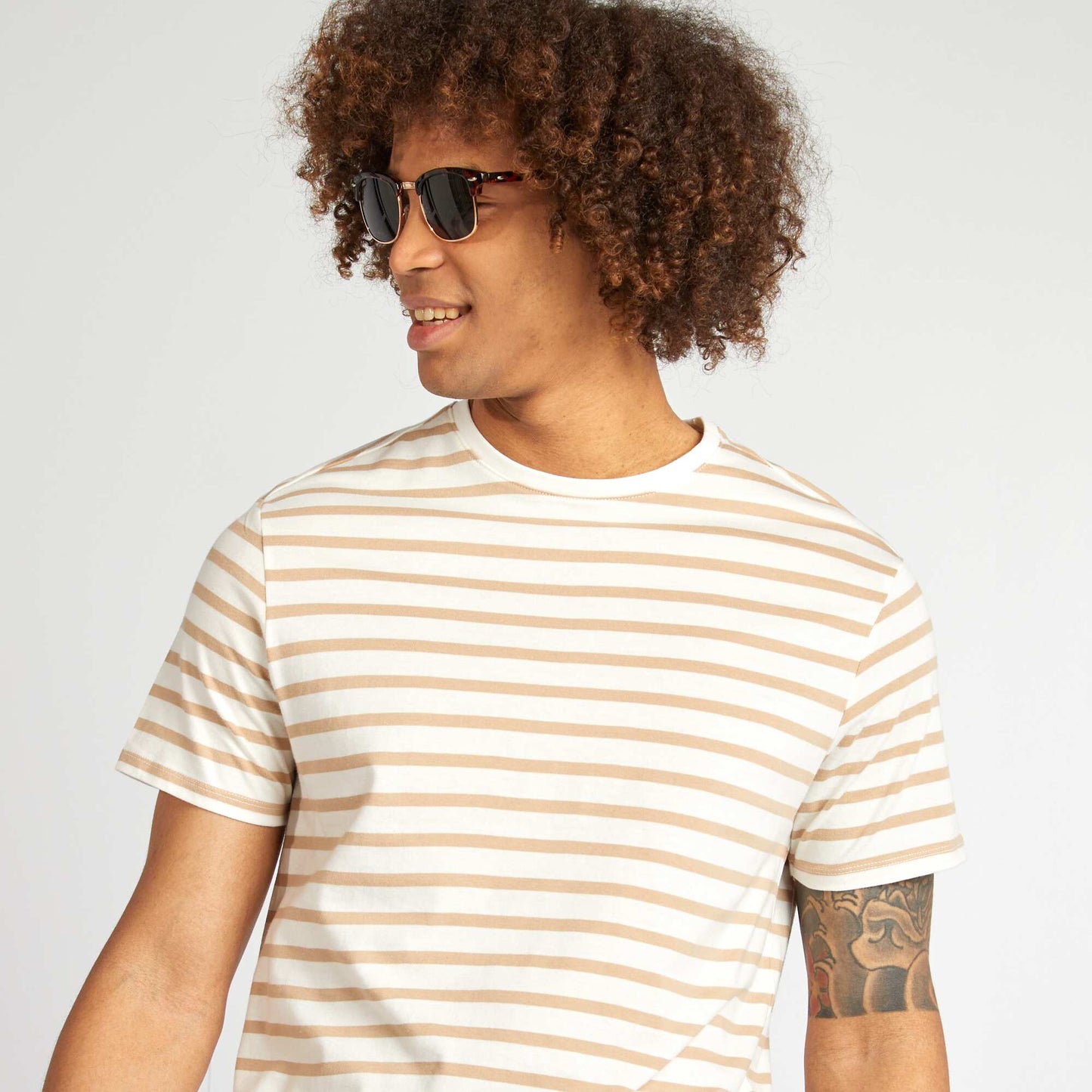 Camiseta de rayas de manga corta con cuello redondo BLANCO