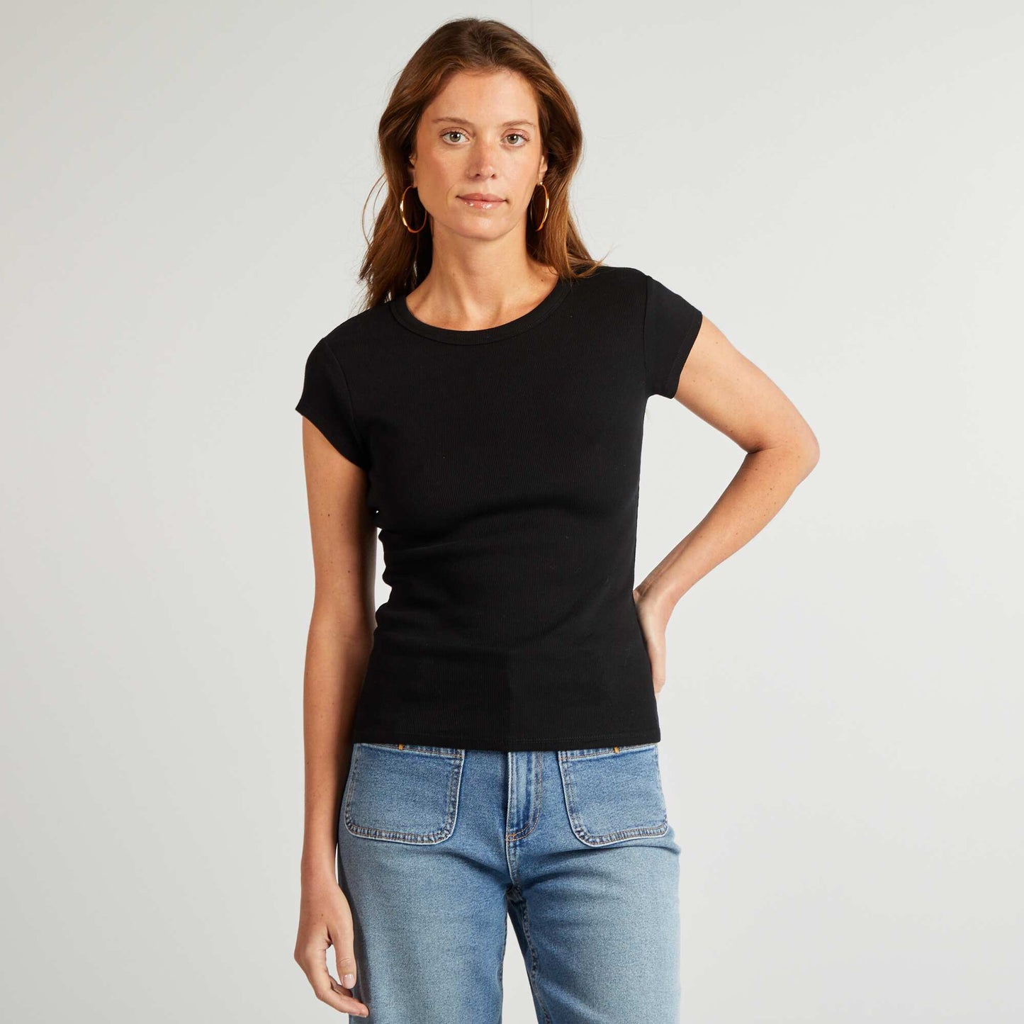 Camiseta de manga corta de punto de canalé NEGRO