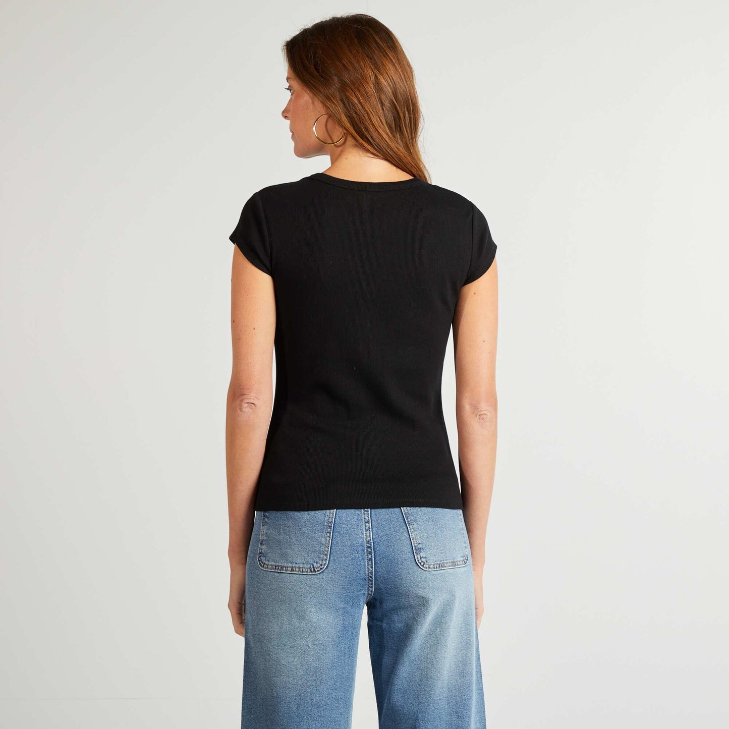 Camiseta de manga corta de punto de canalé NEGRO