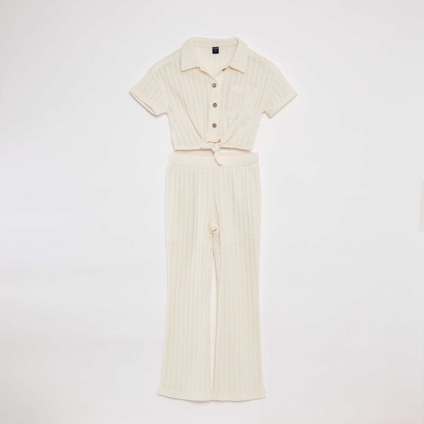 Conjunto de croché con camiseta + pantalón flare - 2 piezas BLANCO