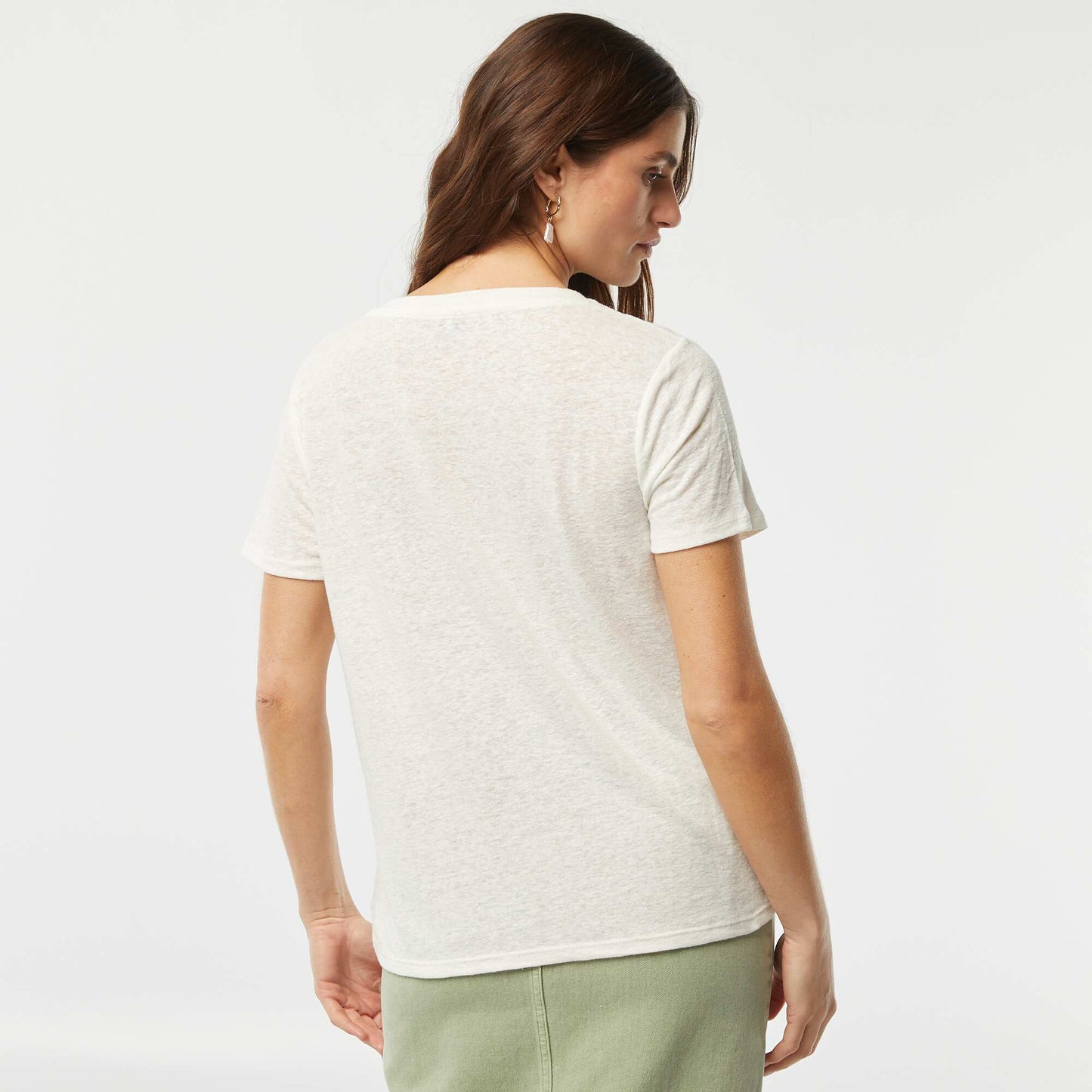 Camiseta básica de mezcla de lino con cuello de pico BLANCO