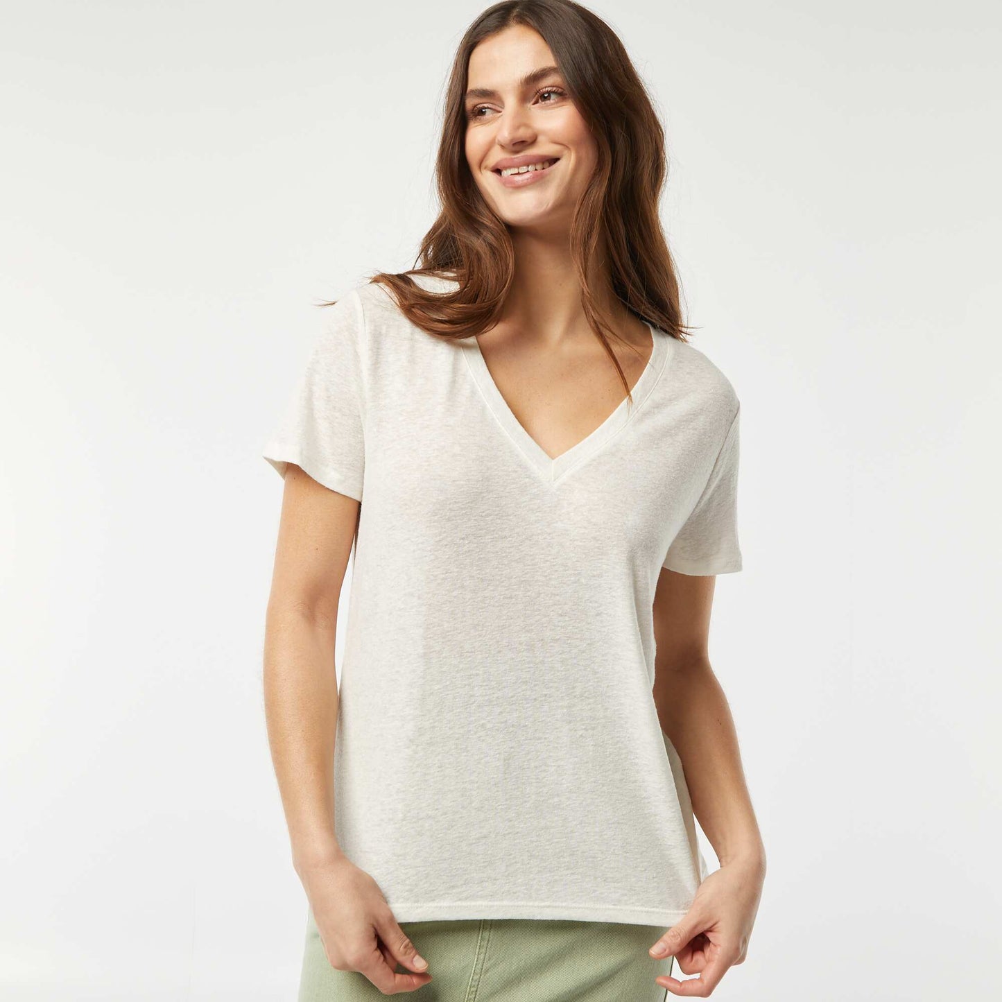 Camiseta básica de mezcla de lino con cuello de pico BLANCO
