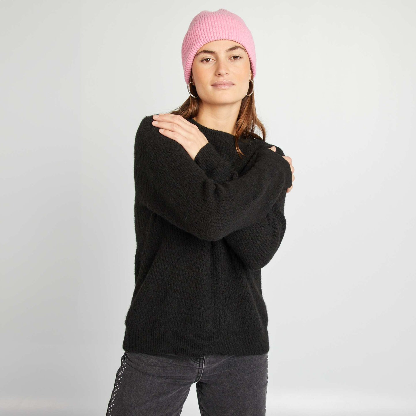 Sweater de tejido acanalado de fantasía NEGRO