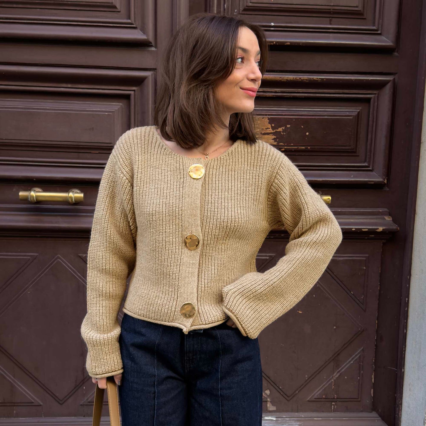 Chaqueta de punto grueso con botones grandes MARRON