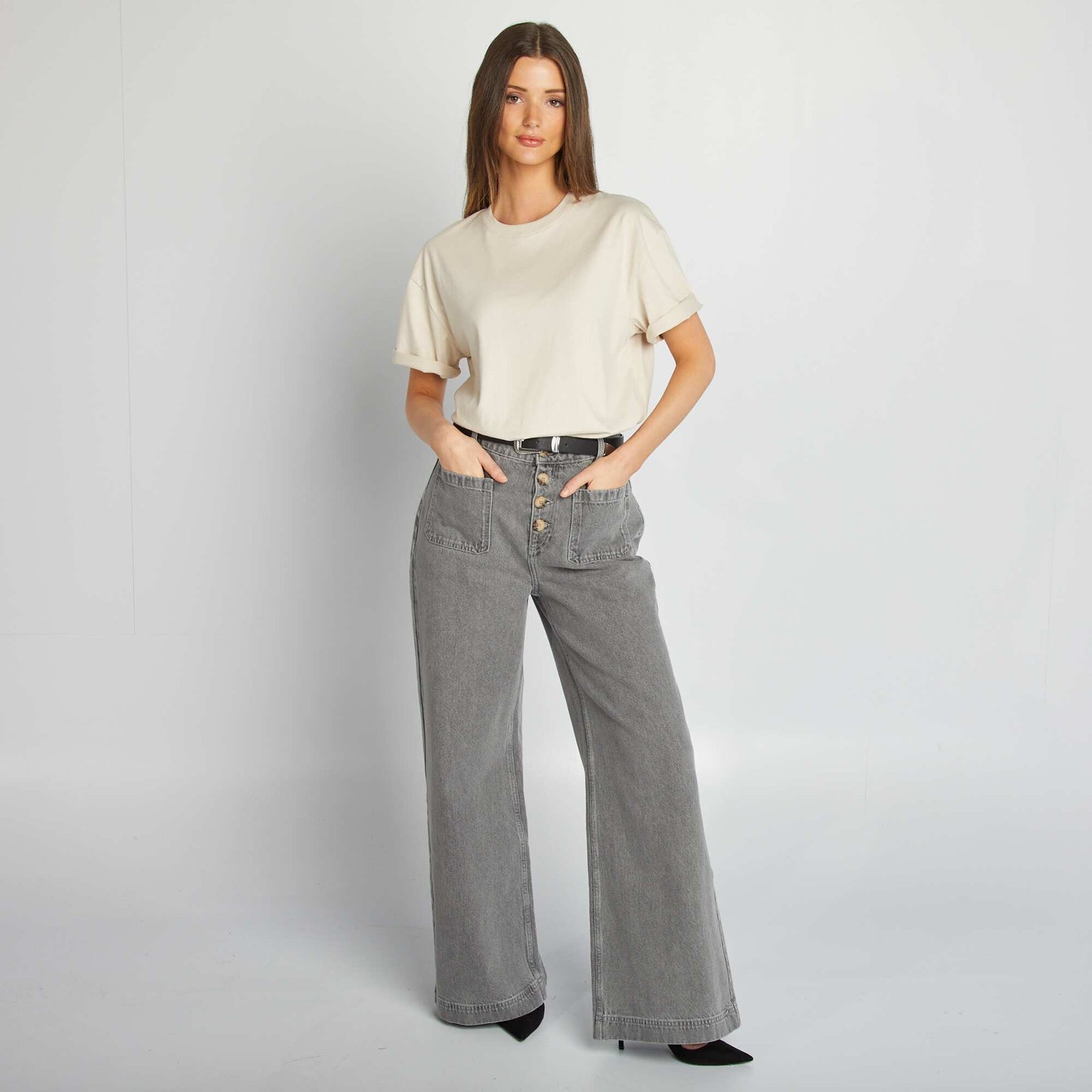 Jean ancho de talle alto GRIS
