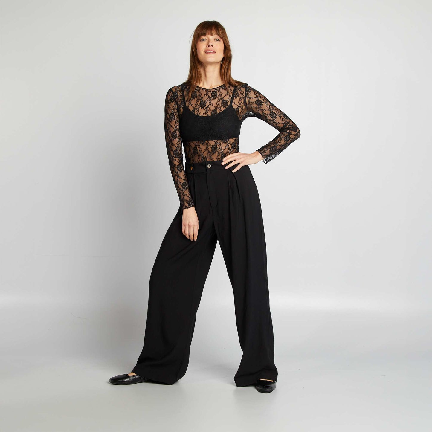 Body de encaje de manga larga NEGRO