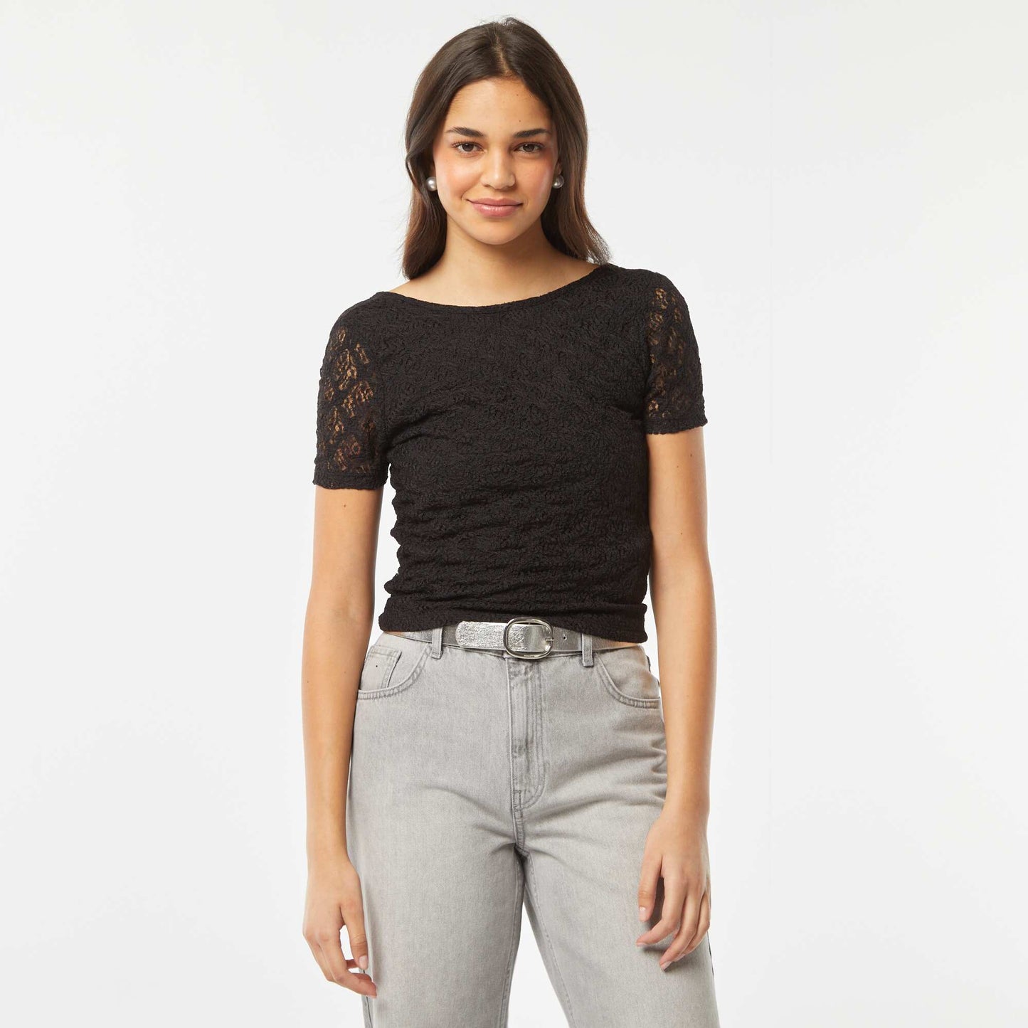 Camiseta de encaje con espalda abierta NEGRO