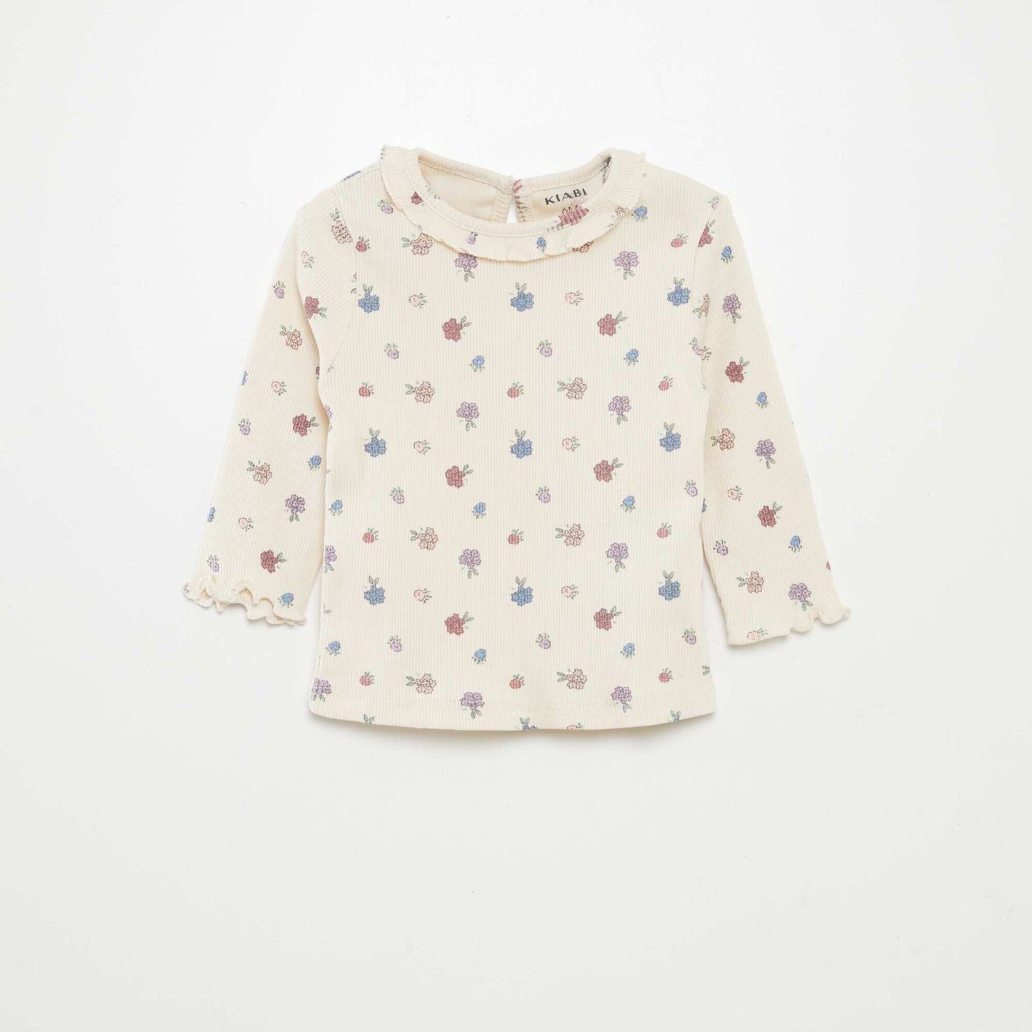 Camiseta de punto de canalé con volante en el cuello BLANCO