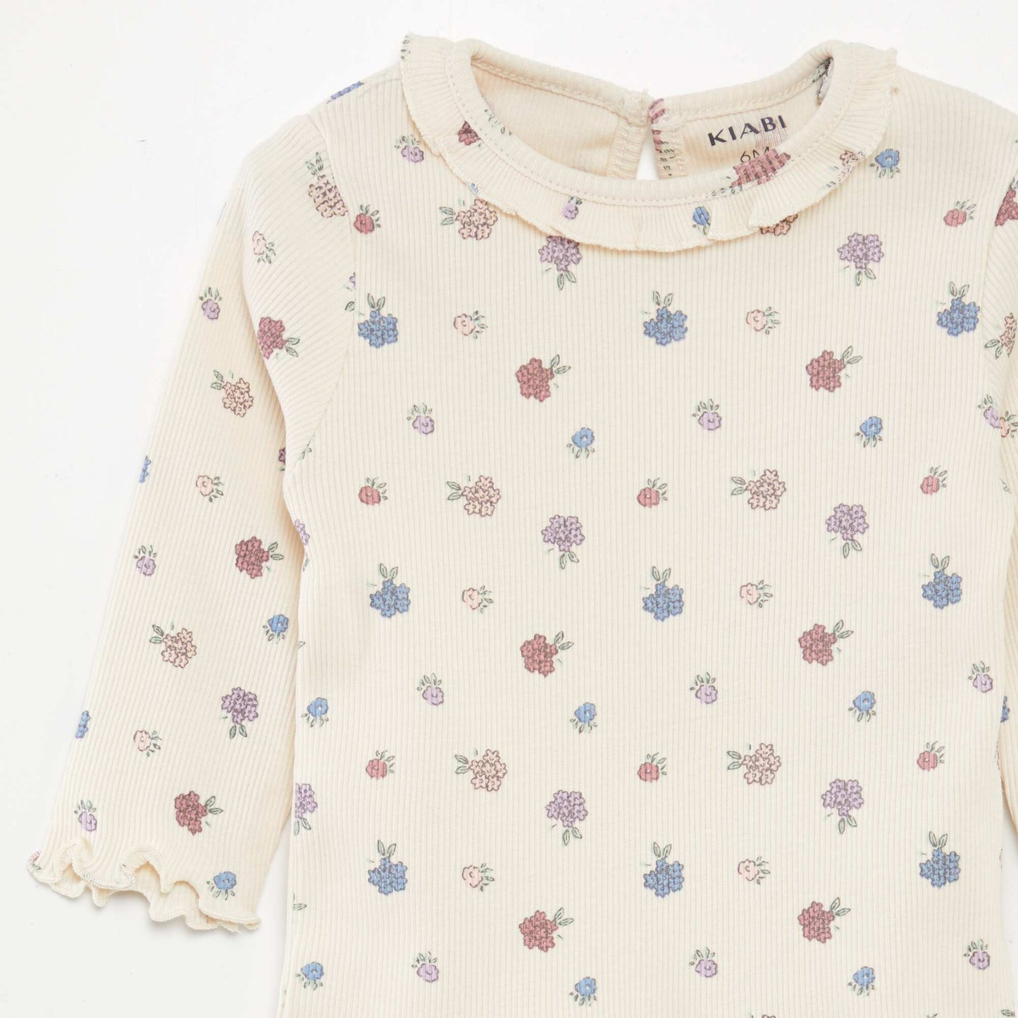 Camiseta de punto de canalé con volante en el cuello BLANCO