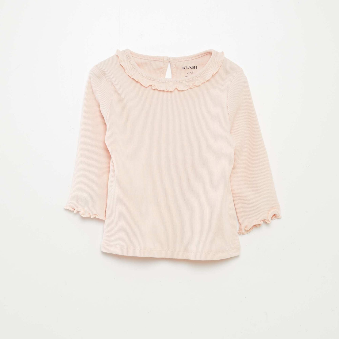 Camiseta de punto de canalé con volante en el cuello ROSA