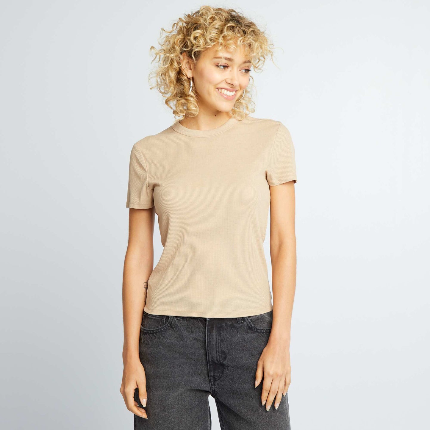 Camiseta de punto de canalé BEIGE