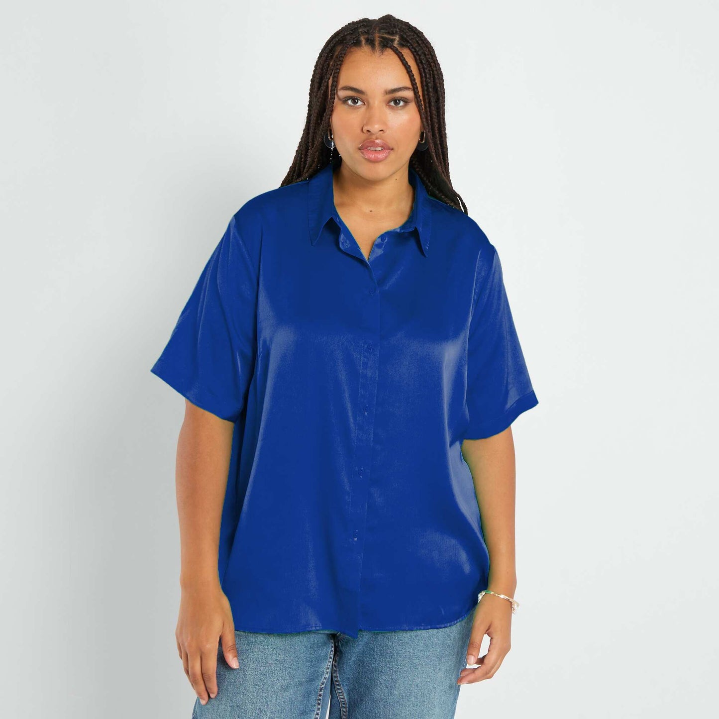 Blusa satinada con cuello italiano AZUL