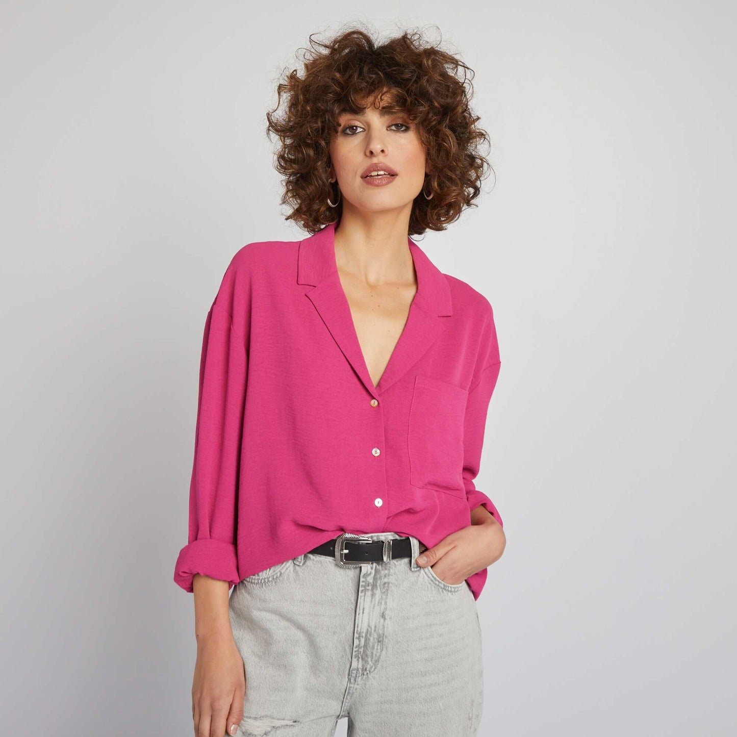 Blusa de manga larga con cuello pijama ROSA