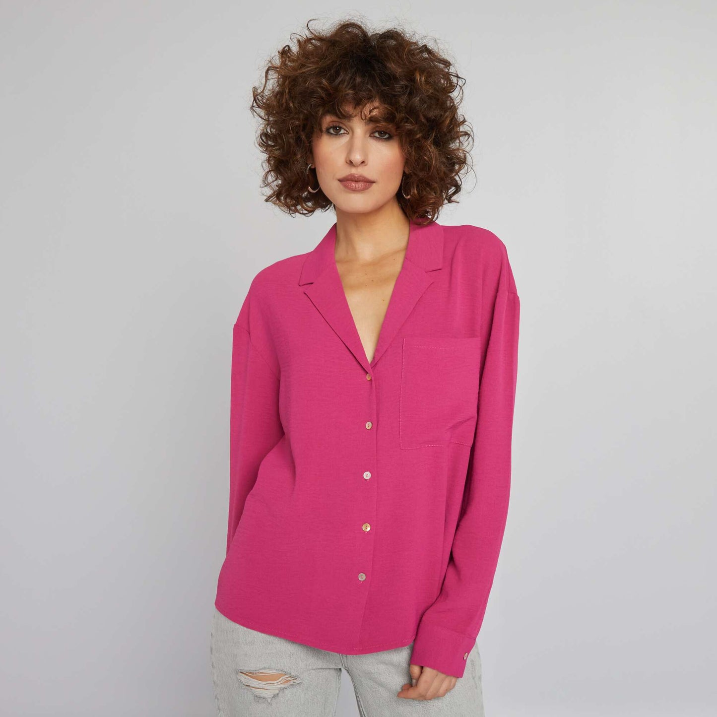 Blusa de manga larga con cuello pijama ROSA