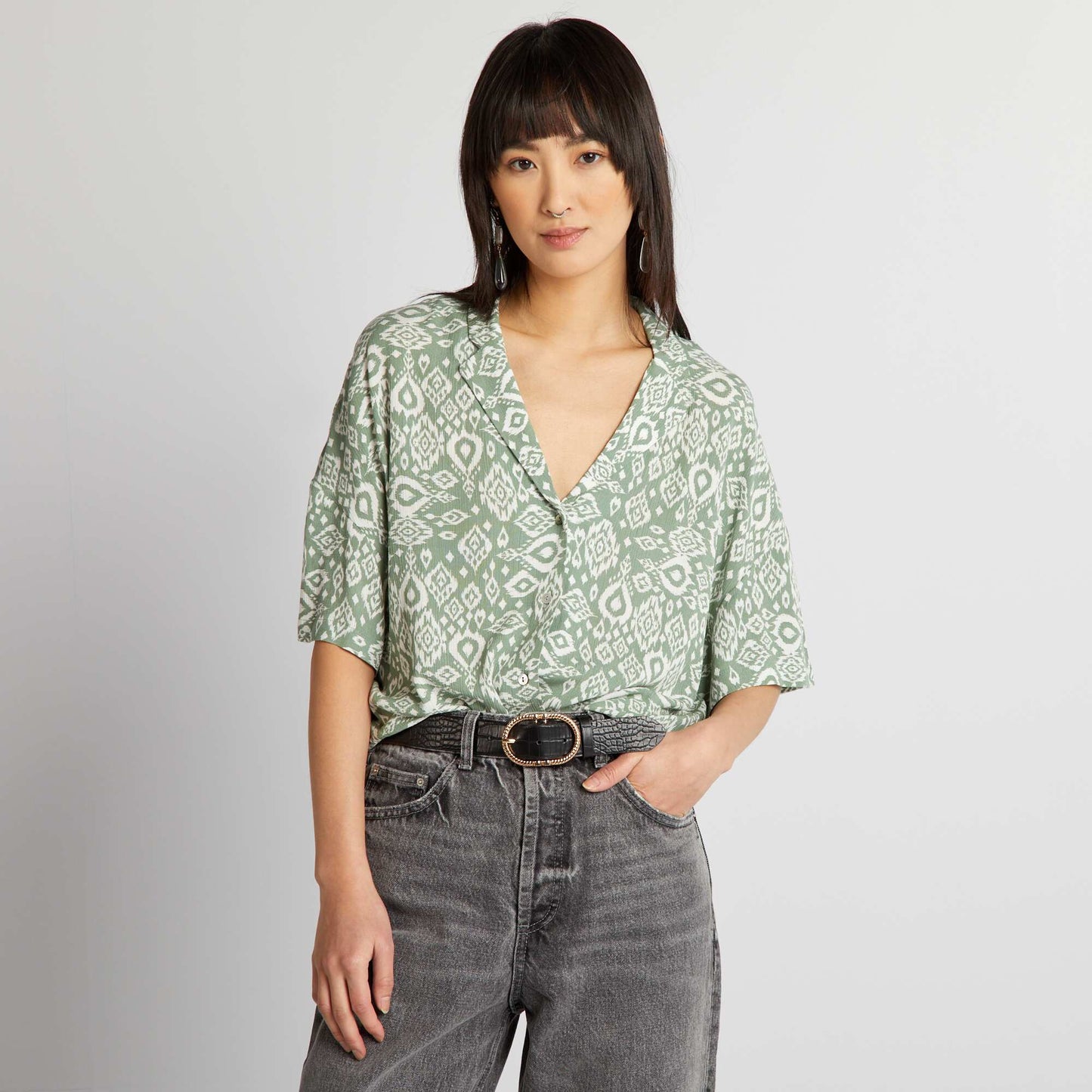 Blusa de manga corta de punto de crepé VERDE