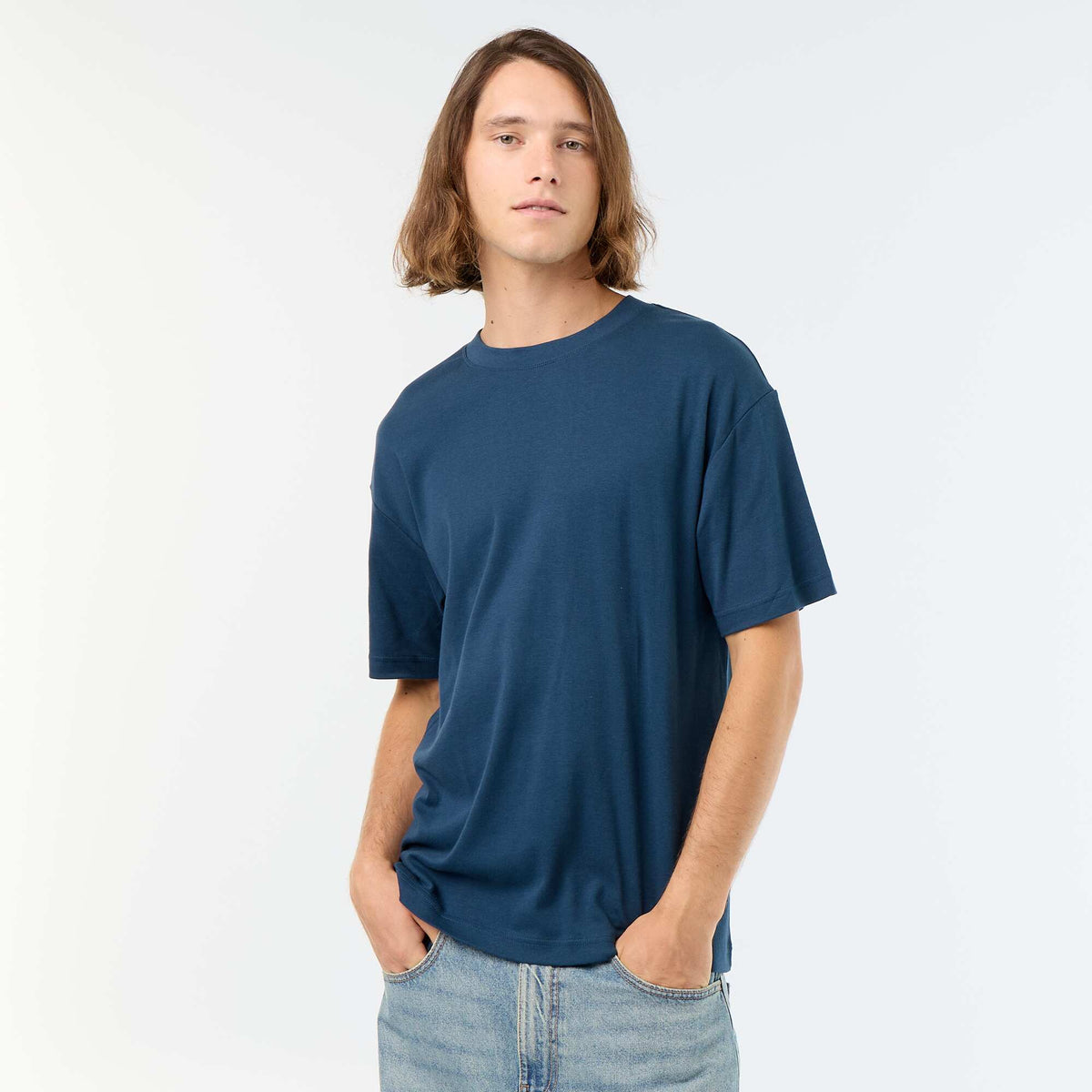 Camiseta de algodón con cuello redondo AZUL