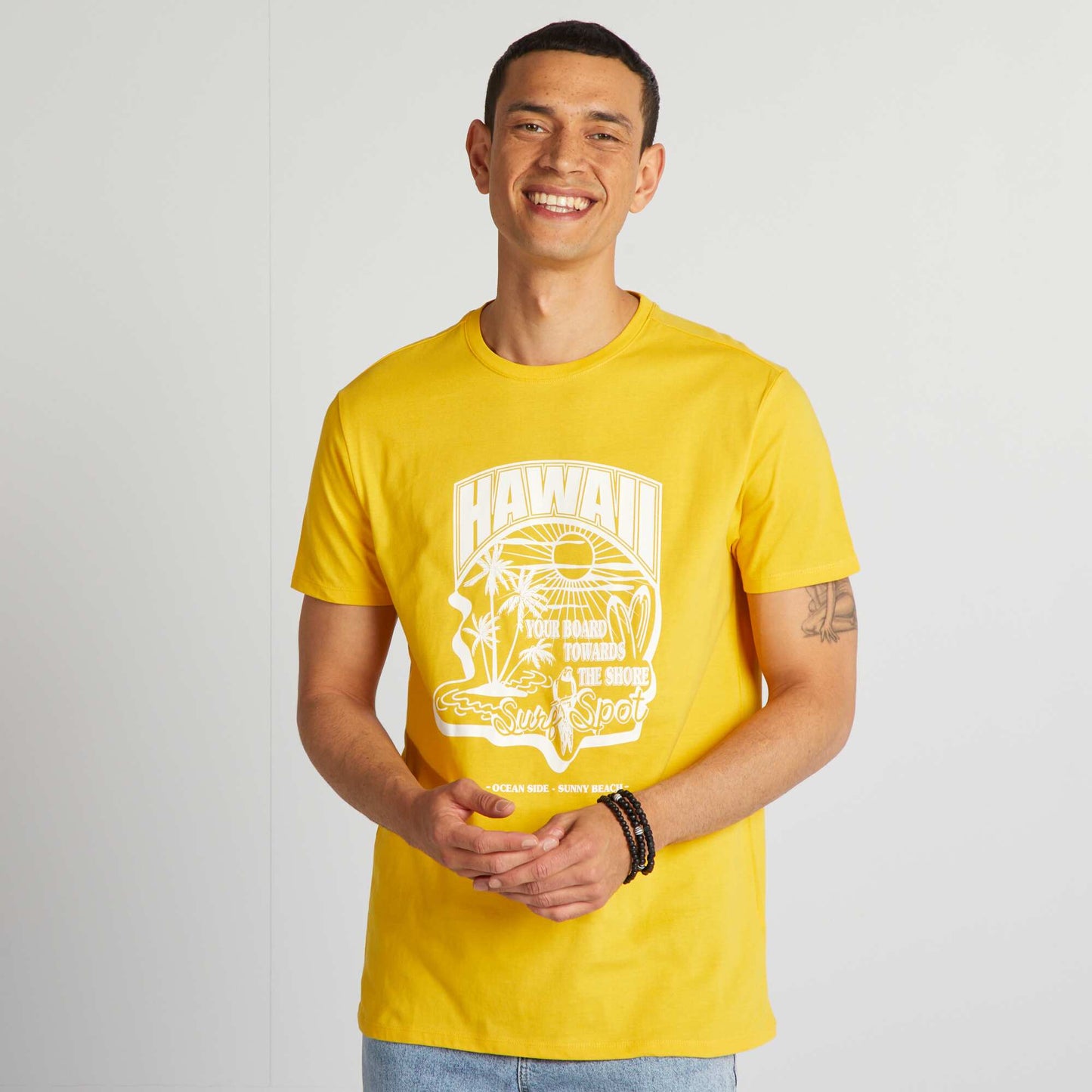 Camiseta de algodón estampada con cuello redondo AMARILLO