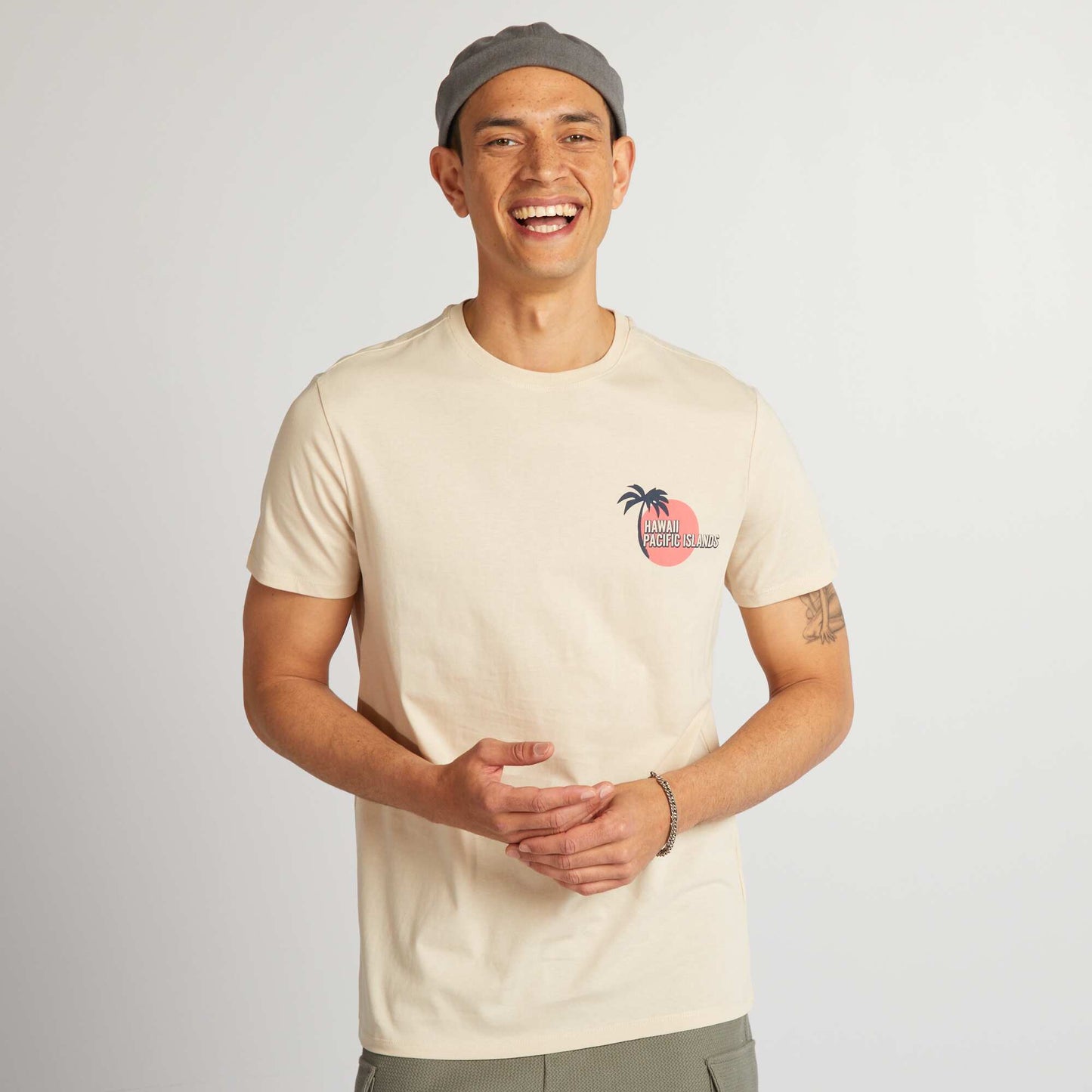 Camiseta de algodón estampada con cuello redondo BEIGE