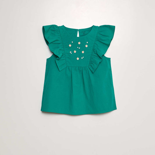 Blusa con volante y bordados de 'frutas' VERDE