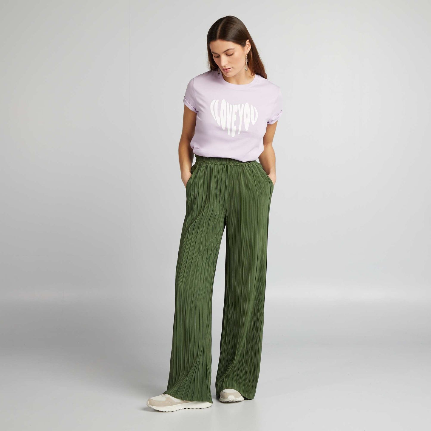 Pantalón de punto plisado con cintura elástica VERDE