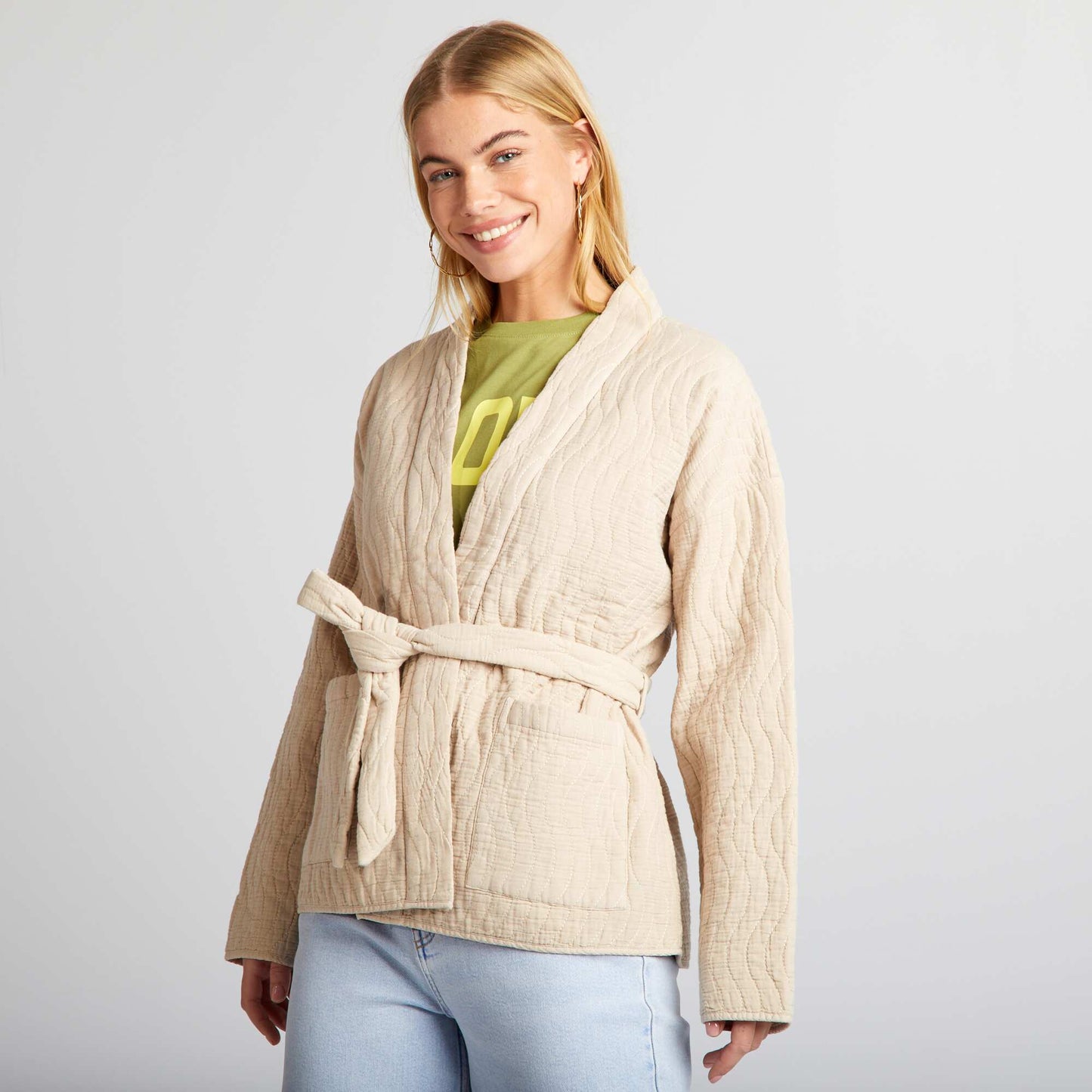 Chaqueta kimono acolchada con cinturón BEIGE