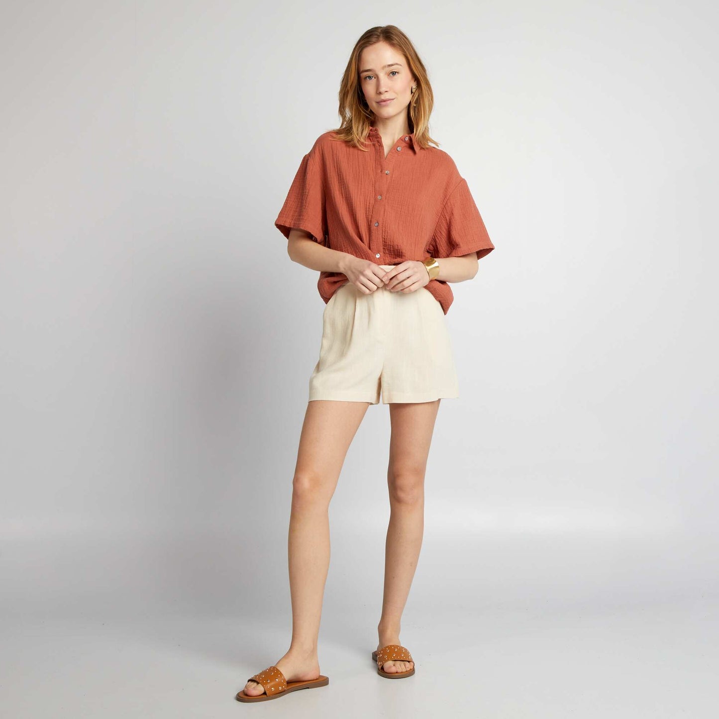 Short de mezcla de lino talle alto BEIGE