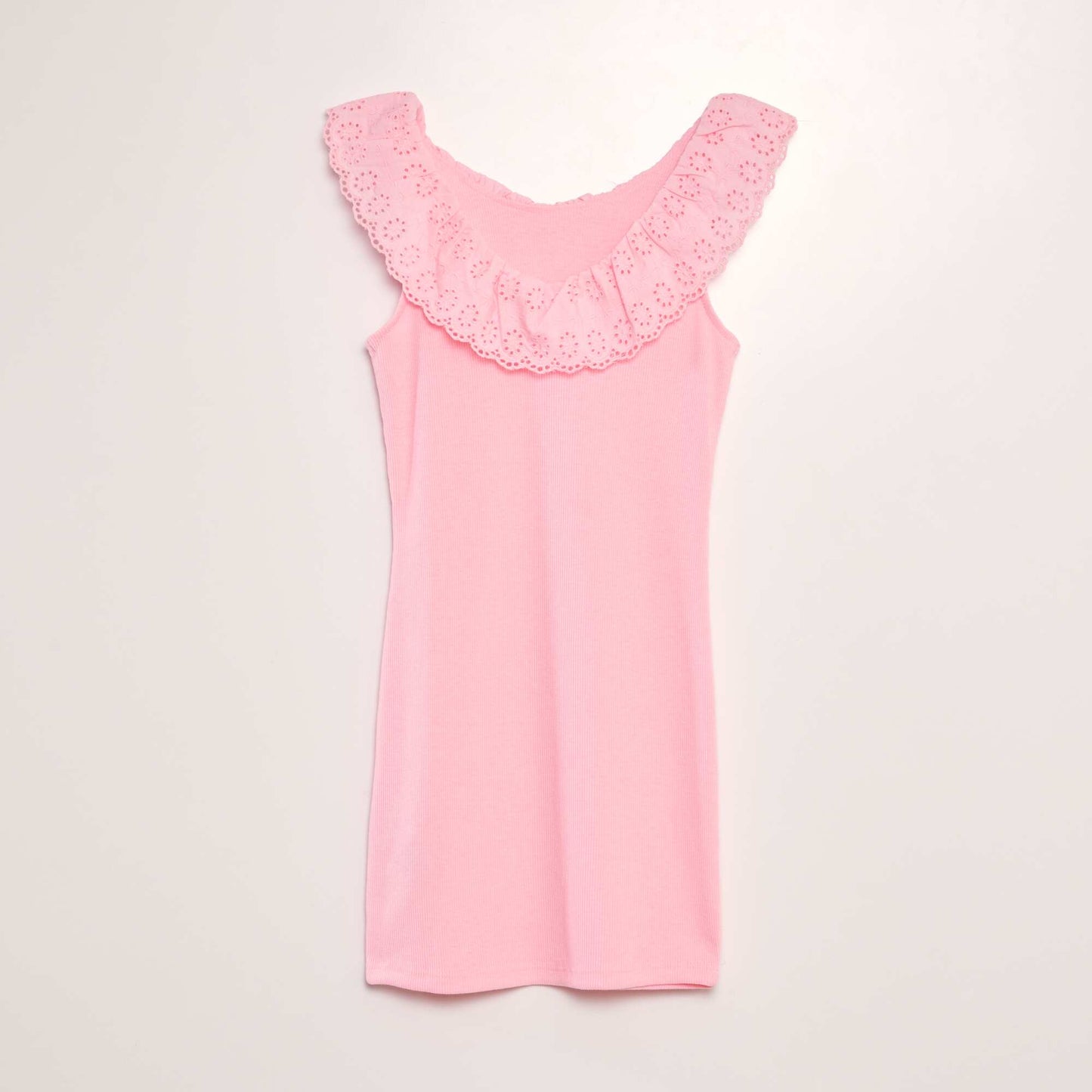 Vestido de canalé con cuello bordado amplio ROSA