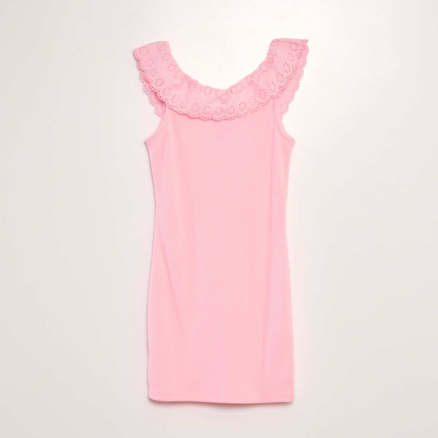 Vestido de canalé con cuello bordado amplio ROSA