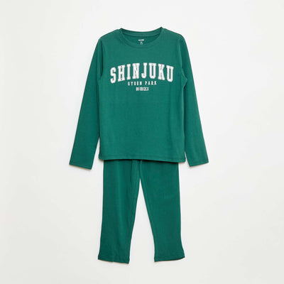 Pijama largo de punto con estampado - 2 piezas VERDE