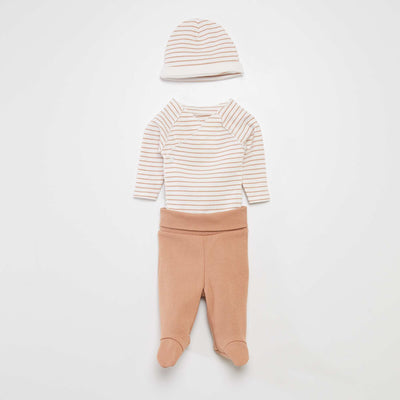 Conjunto de body + pantalón con pies + gorro BLANCO